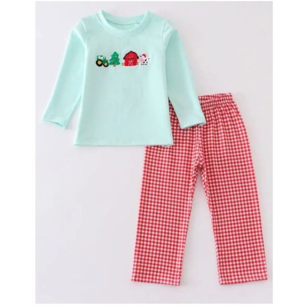 Boutique Christmas Farm Shirt & Plaid Pants Girls Boys Outfit Se